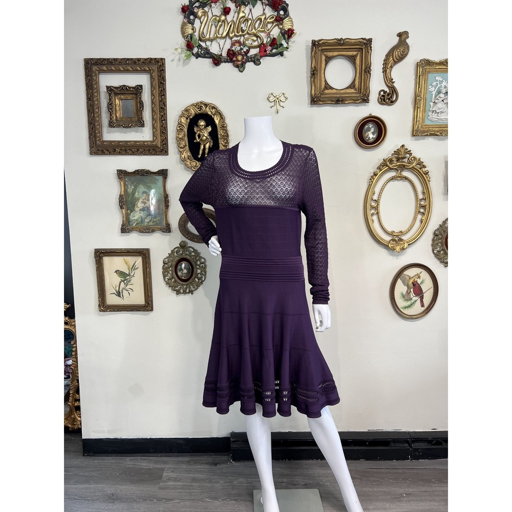 Diane von Furstenberg Plum Purple Knit Pointelle Fit & Flare Dress L